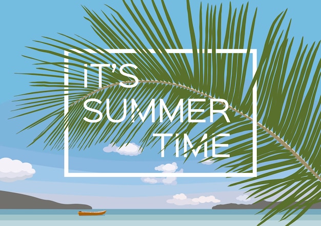Fondo de vector de horario de verano Barco de mar de rama de palma Hermosa vista del paraíso Ilustración