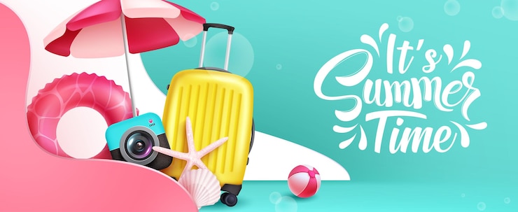 Vector fondo de vector de horario de verano. es texto de verano con elementos de playa y viajes en abstracto.