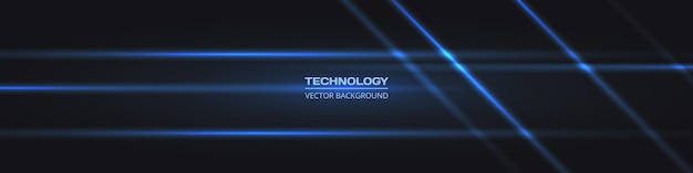 Fondo de vector horizontal de tecnología abstracto ancho negro con líneas de neón azul. Banner de tecnología con líneas luminosas azules. Fondo moderno tecnológico futurista.
