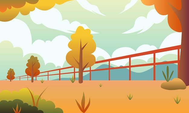 Fondo de vector de ilustración panorámica de otoño. hojas que caen con cielo naranja. ilustración de la granja