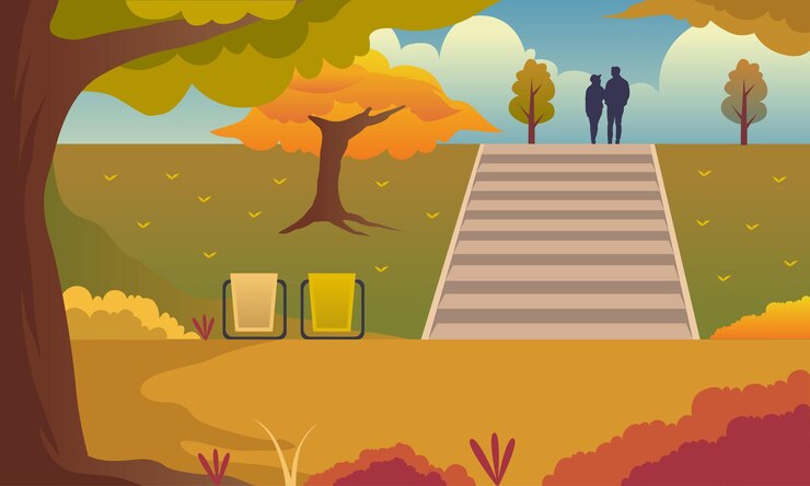 Vector fondo de vector de ilustración panorámica de otoño. pareja romántica en hojas que caen
