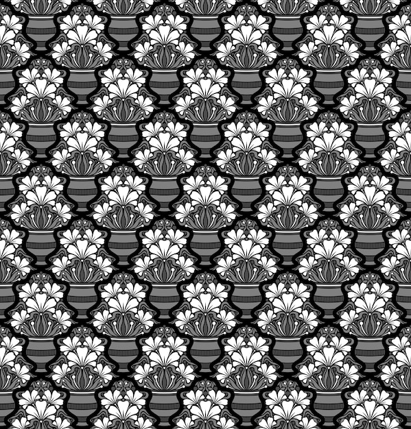 FONDO DE VECTOR INCONSÚTIL EN BLANCO Y NEGRO EN ESTILO ART NOUVEAU CON UN RAMO DE FLORES