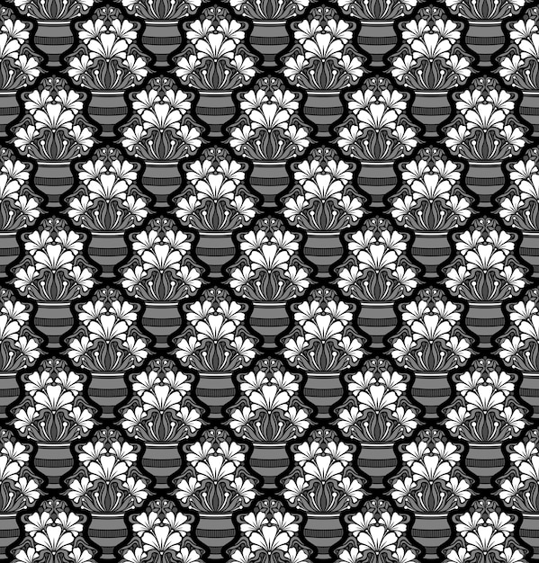 FONDO DE VECTOR INCONSÚTIL EN BLANCO Y NEGRO EN ESTILO ART NOUVEAU CON UN RAMO DE FLORES