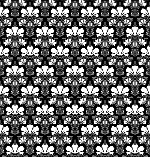 FONDO DE VECTOR INCONSÚTIL EN BLANCO Y NEGRO EN ESTILO ART NOUVEAU CON UN RAMO DE FLORES