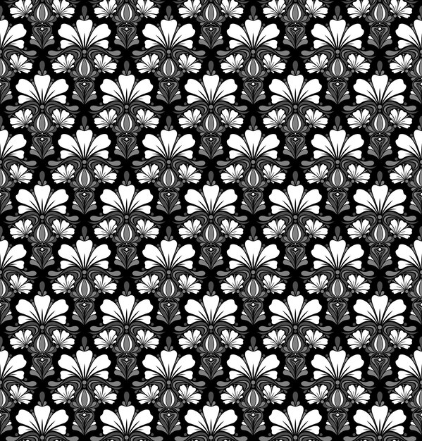 FONDO DE VECTOR INCONSÚTIL EN BLANCO Y NEGRO EN ESTILO ART NOUVEAU CON UN RAMO DE FLORES