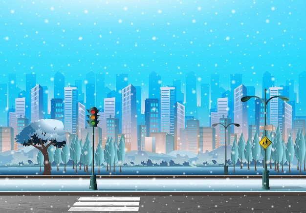 Fondo de vector de invierno. rascacielos de la ciudad y carretera cubierta de nieve.