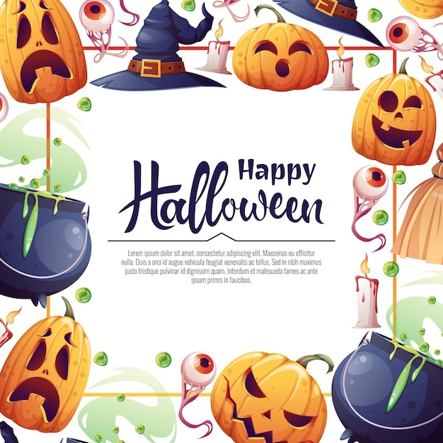 Fondo de vector para invitación de Halloween o tarjeta de felicitación Sombrero de escoba de caldero de bruja de calabazas Ideal para telón de fondo de banner de volante