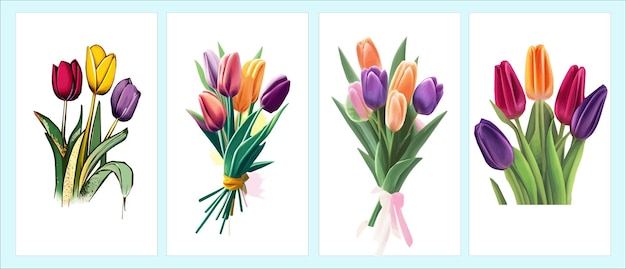 Fondo de vector libre con tulipanes ilustración dibujada a mano feliz día de la madre plantilla de diseño de vacaciones de primavera con tulipán rosa lindo conjunto de pascua con flores de conejito