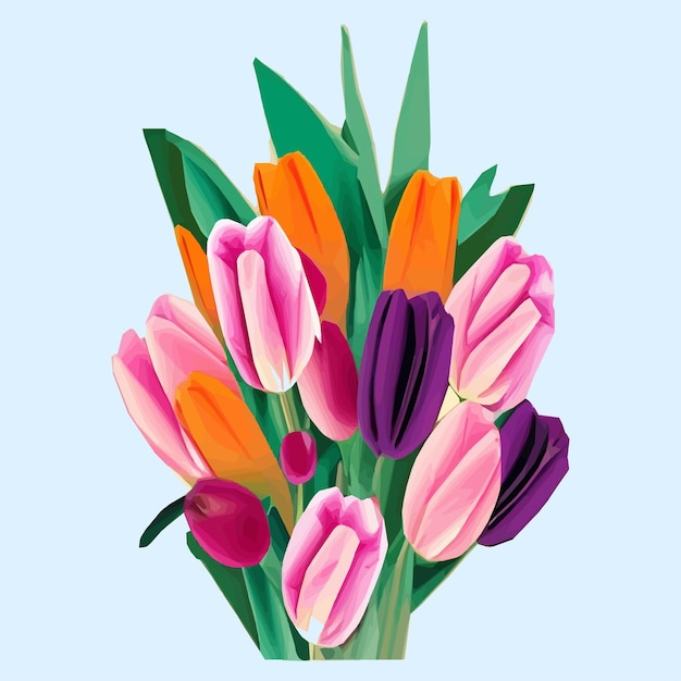 Vector fondo de vector libre con tulipanes ilustración dibujada a mano feliz día de la madre plantilla de diseño de vacaciones de primavera con tulipán rosa lindo conjunto de pascua con flores de conejito