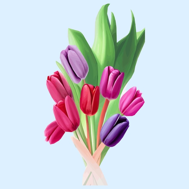 Fondo de vector libre con tulipanes Ilustración dibujada a mano Feliz día de la madre Plantilla de diseño de vacaciones de primavera con tulipán rosa Lindo conjunto de Pascua con flores de conejito