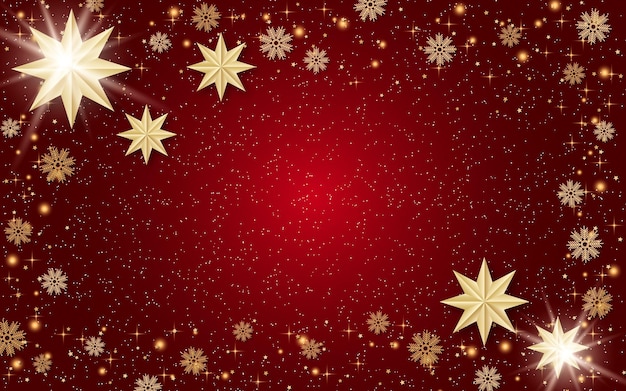 Fondo de vector de lujo rojo de navidad y año nuevo con estrellas doradas y copos de nieve