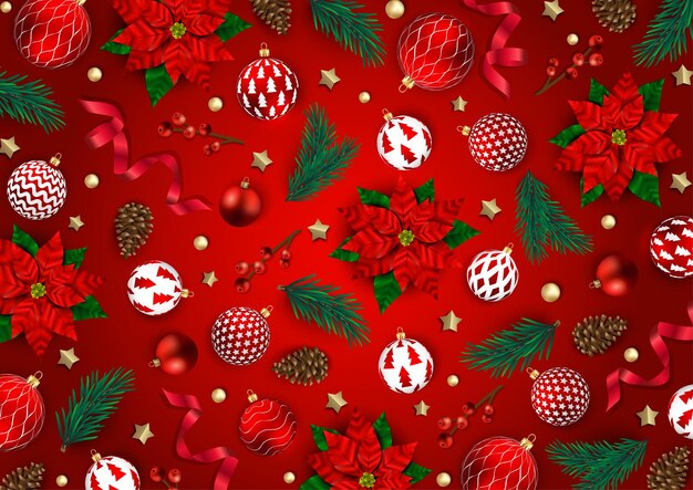 Fondo de vector de Navidad Tarjeta de felicitación cartel de banner Vista superior decoración de Navidad bolas y copos de nieve