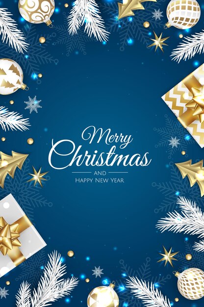 Fondo de vector de Navidad. Tarjeta de felicitación de diseño creativo, pancarta, póster. Vista superior de bolas de decoración de Navidad y copos de nieve.