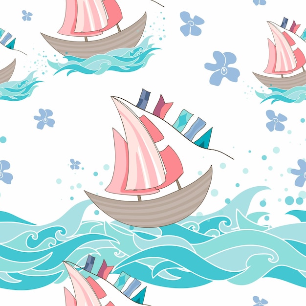 Fondo de vector con olas de flores y barcos