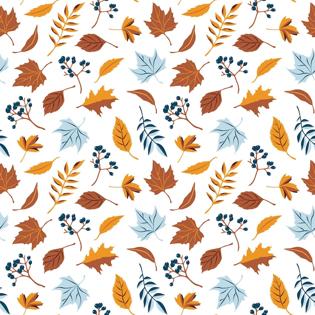 Fondo de vector de otoño Colores naranja y azul Hojas de otoño y patrones sin fisuras de bayas