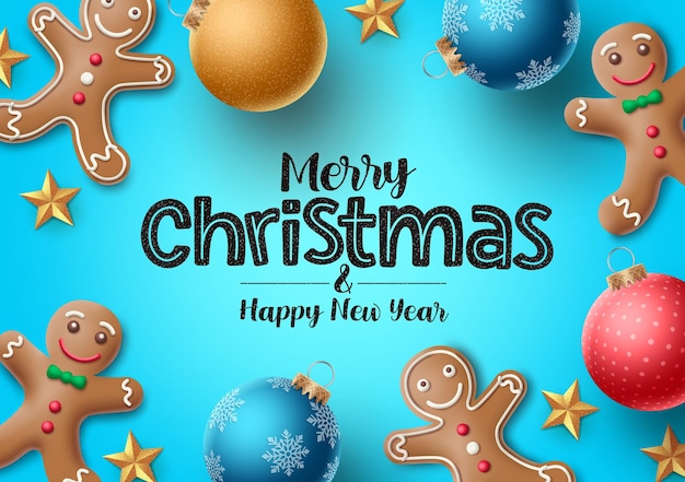 Fondo de vector de pan de jengibre de Navidad Texto de saludo de feliz Navidad con elementos coloridos de Navidad