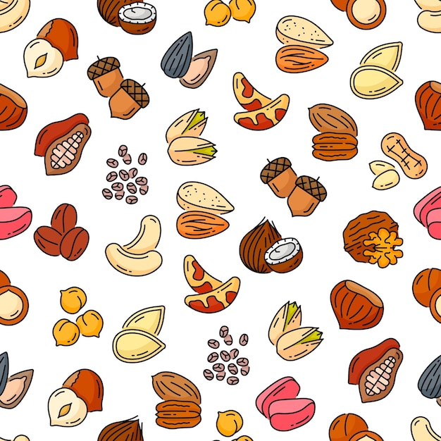 Fondo de vector de patrones sin fisuras de nueces y frijoles