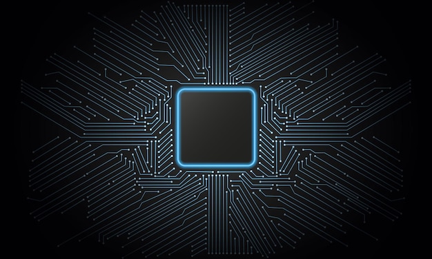 Fondo de vector de placa de circuito brillante azul abstracto con espacio de copia en el centro para su diseño Chip de CPU abstracto perfecto para el concepto de moneda criptográfica de tecnología de inteligencia artificial