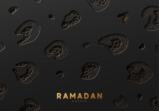 Fondo de vector de Ramadán. Efecto del papel cortado con el gofrado. Patrón negro y dorado. Ramadán Kareem. Tarjeta de felicitación de diseño creativo, pancarta, afiche. Fiesta sagrada islámica tradicional.