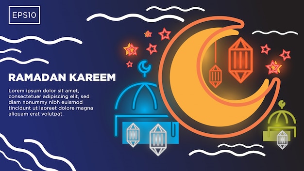 Vector fondo de vector de ramadan kareem con plantilla de imagen y texto de ilustración de mezquita y luna