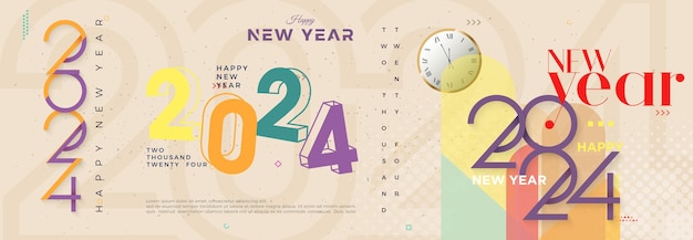 Fondo de vector retro feliz año nuevo 2024 Diseño colorido con colores pastel Diseño de vector premium para plantilla de cartel de banner de año nuevo 2024