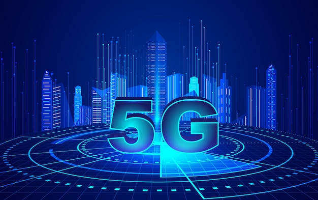 Fondo de vector de tecnología de internet de concepto de ciudad futura de red y arquitectura 5g