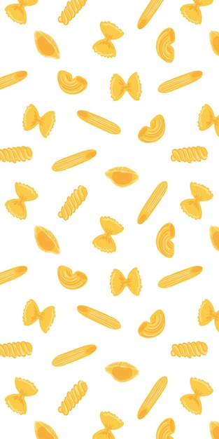 Fondo de vector de teléfono amante de la pasta. tipos de pasta italiana. penne, farfalle, fusilli, concha, remolinos.