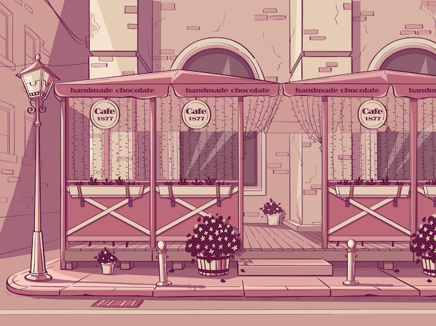 Fondo de vector Tienda de chocolate. Imagen de café chocolate artesanal en color rosa.