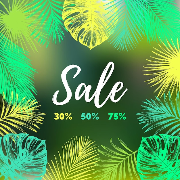 Fondo de vector de venta de verano Tarjeta de descuento de temporada con ilustración de plantas tropicales vintage Cartel de oferta especial en marco de follaje de selva