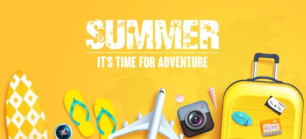 Vector fondo de vector de verano texto de aventura de horario de verano en espacio vacío amarillo y viajes de vacaciones