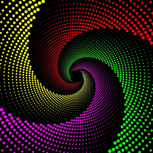 Fondo de vector de vórtice espiral punteado rojo, amarillo, verde y rosa