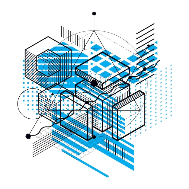 Vector fondo vectorial abstracto con líneas y formas isométricas. cubos, hexágonos, cuadrados, rectángulos y diferentes elementos abstractos.