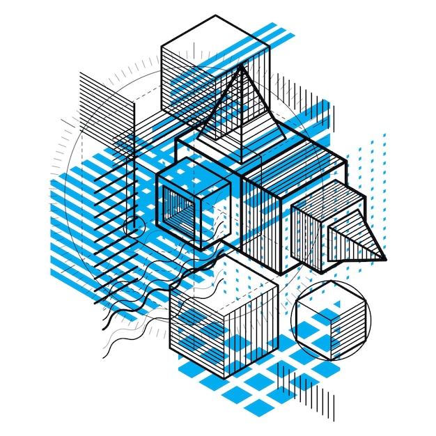 Fondo vectorial abstracto con líneas y formas isométricas. Cubos, hexágonos, cuadrados, rectángulos y diferentes elementos abstractos.
