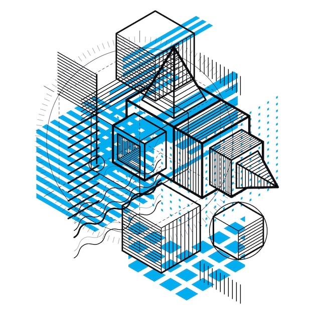 Vector fondo vectorial abstracto con líneas y formas isométricas. cubos, hexágonos, cuadrados, rectángulos y diferentes elementos abstractos.
