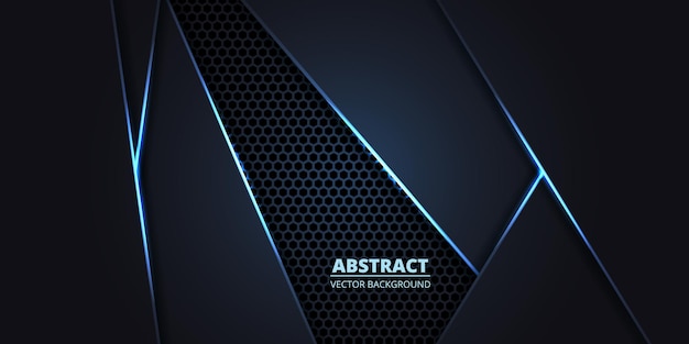 Fondo vectorial abstracto oscuro con cuadrícula hexagonal y líneas luminosas azules tecnología futurista