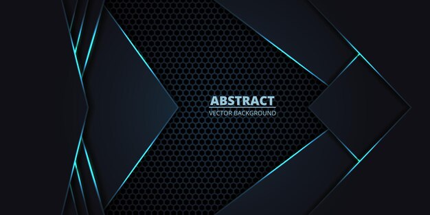 Fondo vectorial abstracto oscuro con cuadrícula hexagonal y líneas luminosas azules tecnología futurista