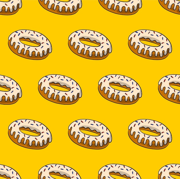 Fondo vectorial amarillo inconsútil con deliciosas donas con fudge blanco