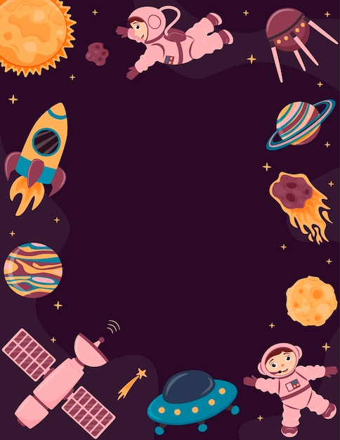 Fondo vectorial con astronautas planetas nave espacial cohete satélite meteorito estación espacial