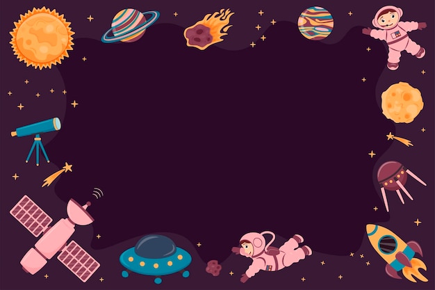 Fondo vectorial con astronautas planetas nave espacial cohete satélite meteorito estación espacial