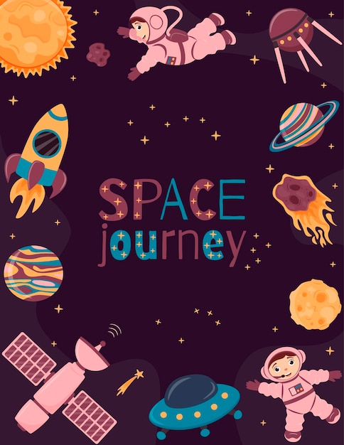 Fondo vectorial con astronautas planetas nave espacial cohete satélite meteorito estación espacial