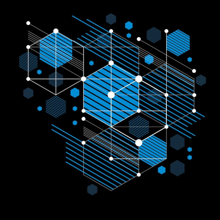 Vector fondo vectorial bauhaus modular, creado a partir de figuras geométricas simples como hexágonos, círculos y líneas. lo mejor para usar como póster publicitario o diseño de pancartas. esquema mecánico abstracto.