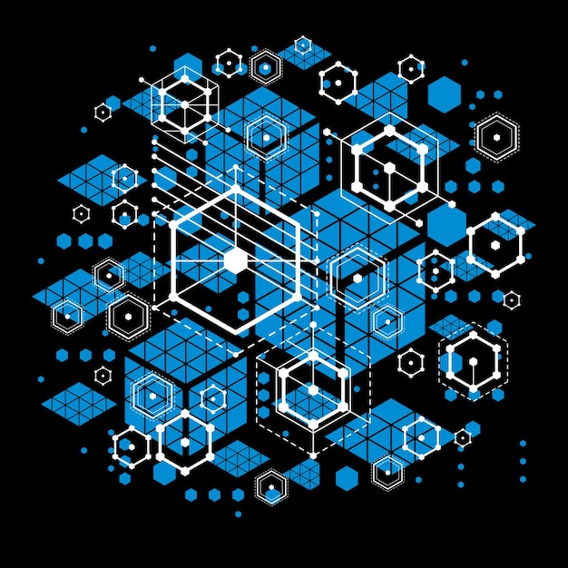 Fondo vectorial Bauhaus modular, creado a partir de figuras geométricas simples como hexágonos, círculos y líneas. Lo mejor para usar como póster publicitario o diseño de pancartas. Esquema mecánico abstracto.