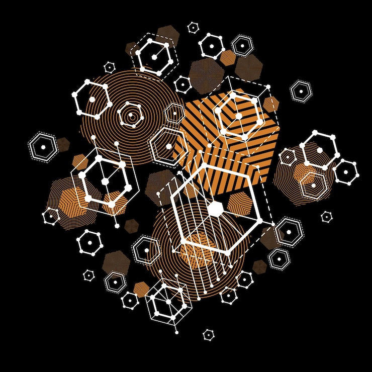 Vector fondo vectorial bauhaus modular, creado a partir de figuras geométricas simples como hexágonos, círculos y líneas. lo mejor para usar como póster publicitario o diseño de pancartas. esquema mecánico abstracto.
