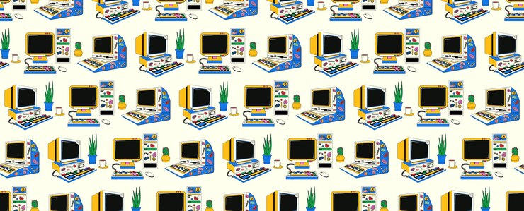 Vector fondo vectorial con una computadora antigua para escolares cubierta con pegatinas al estilo y2k
