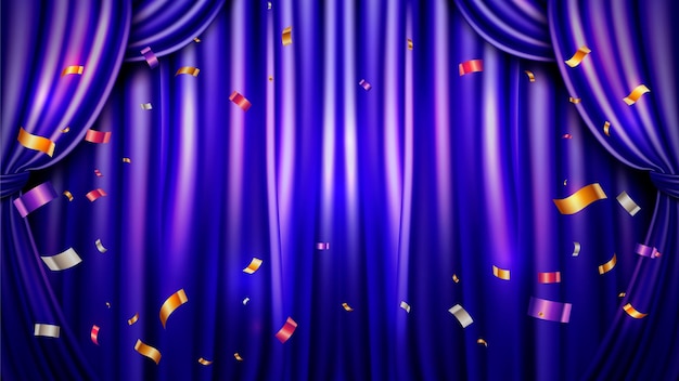Fondo vectorial de cortina púrpura azul con confeti