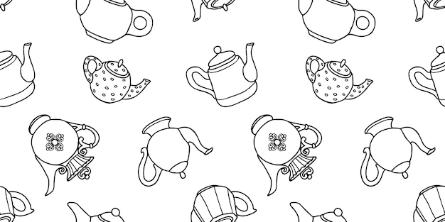 Fondo vectorial sin costuras de dibujos de contorno colección de teteras de diferentes formas