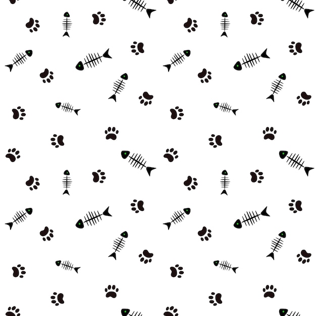 Fondo vectorial sin costuras con huesos de pez y patas de gato en blanco