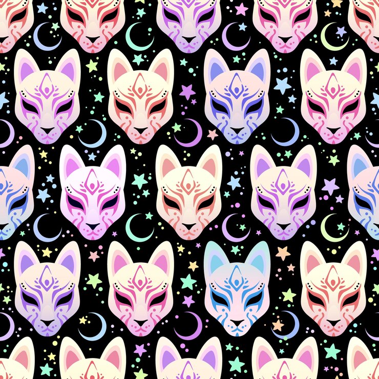 Vector fondo vectorial sin costuras máscaras de zorro japonesas dibujadas sobre un fondo negro