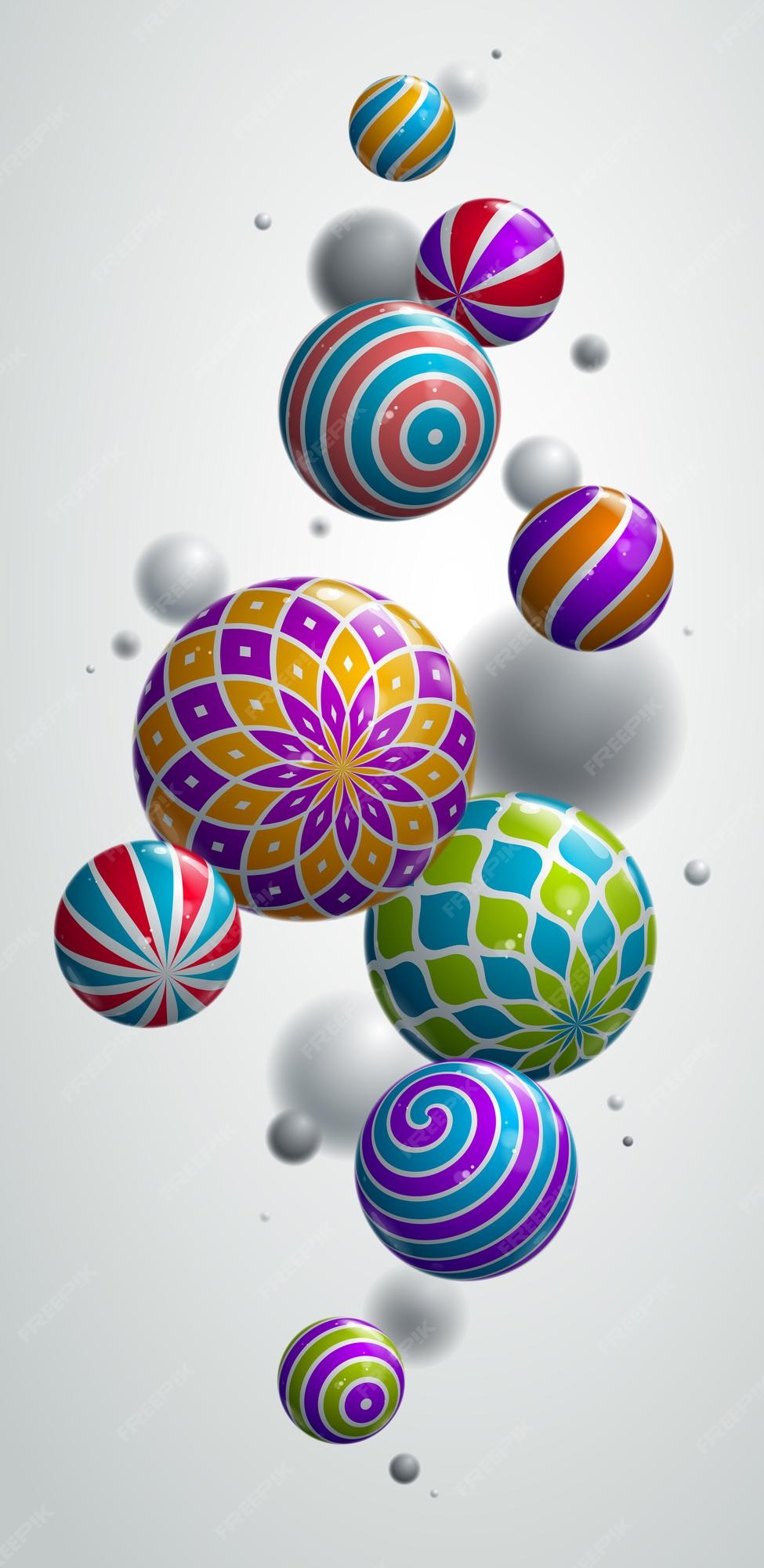Fondo vectorial de esferas abstractas para teléfono, composición de bolas voladoras decoradas con patrones de fondo de pantalla de smartphone, globos realistas mixtos 3d, efecto de profundidad de campo. | Vector Premium Fondo vectorial de esferas abstractas para teléfono, composición de bolas voladoras decoradas con patrones de fondo de pantalla de smartphone, globos realistas mixtos 3d, efecto de profundidad de campo. | Vector Premium