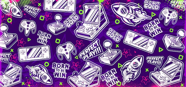Fondo vectorial de graffiti de juegos Retro elementos de iconos gráficos de videojuegos en estilo graffiti